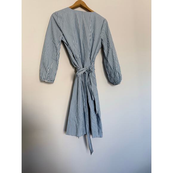 J CREW blue white cotton knee length lined wrap dress striped cotton poplin - Picture 3 of 7